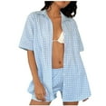 thumbnail image 1 of ZyeKqe Lounge Outfits for Women 2 Piece Plaid Sets Short Sleeve Collared Buttom down Blouses Comfort Shorts, 1 of 1