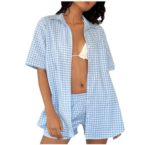 ZyeKqe Lounge Outfits for Women 2 Piece Plaid Sets Short Sleeve Collared Buttom down Blouses Comfort Shorts