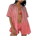 thumbnail image 1 of ZyeKqe Lounge Outfits for Women 2 Piece Plaid Sets Short Sleeve Collared Buttom down Blouses Comfort Shorts, 1 of 4