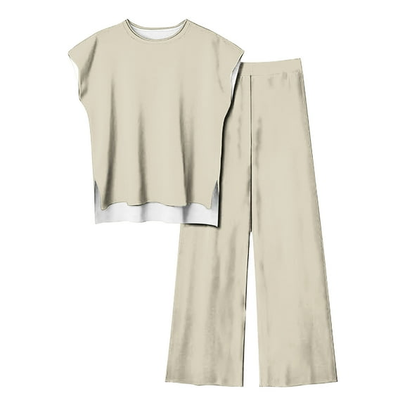 ZyeKqe Lounge Sets for Women Plus Size 2 Piece Outfits Short Sleeve Pullover Tops Wide Leg Pants Loungewear Sets