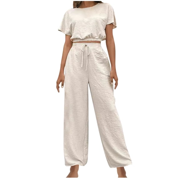 ZyeKqe Lounge Sets for Women Puff Short Sleeve Crop Top Drawstring High Waisted Pants Casual Outfits