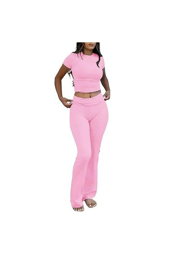 Lounge Sets for Women Short Sleeve Crop Top Low Waisted Fold over Flare Pants 2 Piece Loungewear