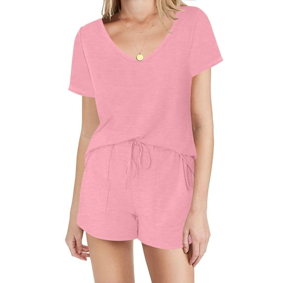 ZyeKqe Lounge Sets for Women Short Sleeve V Neck Sleepwear Elastic Waisted Shorts Pjs Sets Matching Loungewear