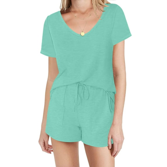 ZyeKqe Lounge Sets for Women Short Sleeve V Neck Sleepwear Elastic Waisted Shorts Pjs Sets Matching Loungewear