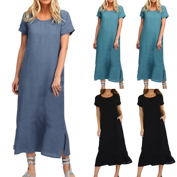 ZyeKqe Maxi Dress for Women Summer Cotton Linen Long Dress Short Sleeve Crewneck Casual Simple Plain Dresses