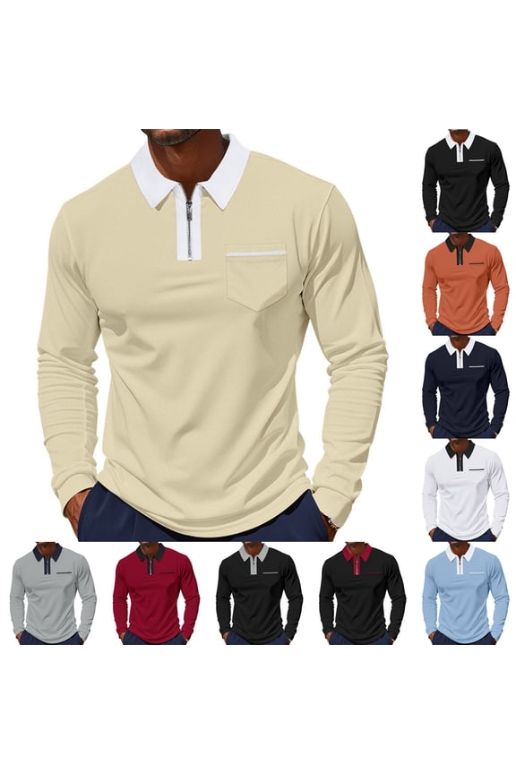 Men's Long Sleeve Shirts Quarter Zip Lapel Collar Golf Shirts Loose Casual Solid Color Work Blouses with Pocket