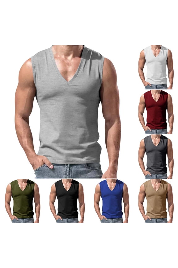 Mens Slim fitted Tank Tops Seamless Sleeveless Undershirts V Neck Vests Stretchy Slim Fitted Basic Tees