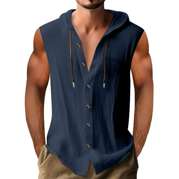 ZyeKqe Mens Cotton Linen Tank Tops Sleeveless Hoodie Shirts Button down Hooded Summer Beach Shirts