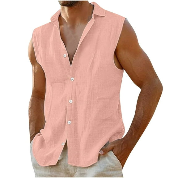 ZyeKqe Mens Cotton Linen Tank Tops Sleeveless Shirts Button down Collared Loose Fitted Summer Tops