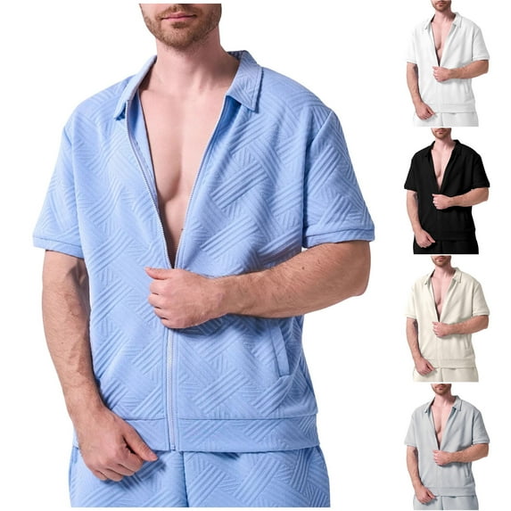 ZyeKqe Mens Full Zip T Shirts Casual Short Sleeve Texture Solid Lapel Collar Cardigan Athletic Workout Tops with Pockets