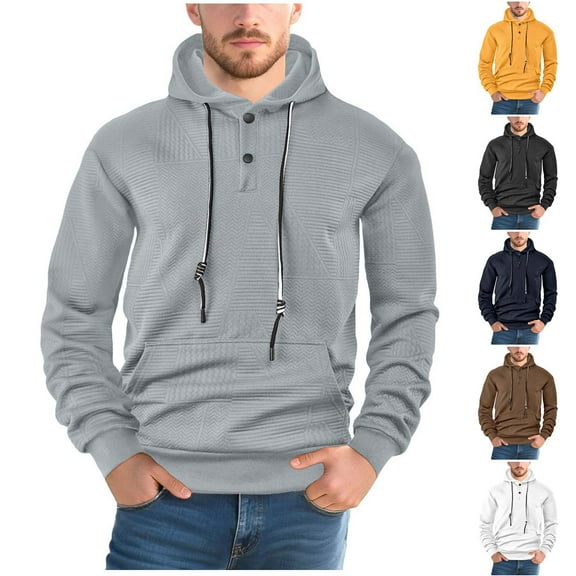 ZyeKqe Mens Hoodies Casual Textured Drawstring Button Hooded Sweatshirts Long Sleeve Pullover Tops with Hood