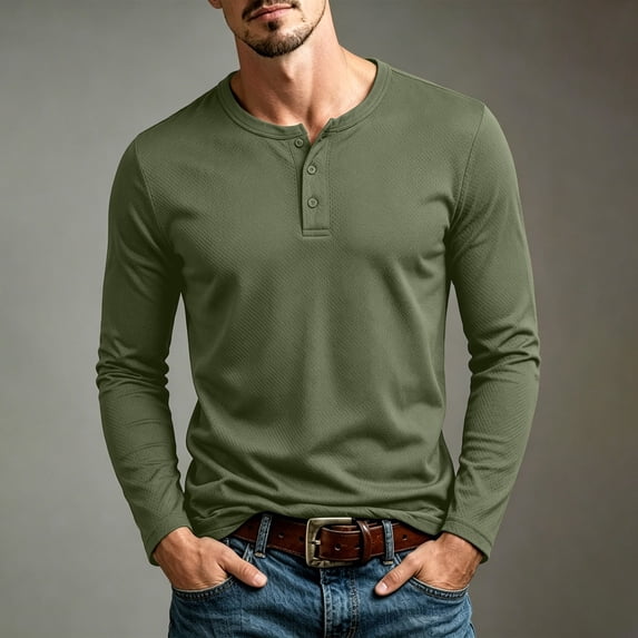 ZyeKqe Mens Long Sleeve Shirts Button Front Crewneck Lightweight Quick Drying Breathable Active Sports Workout Tops