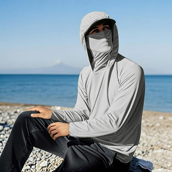 ZyeKqe Mens Long Sleeve Shirts Casual Sun Protection Hooded Shirts Face Cover Lightweight Fishing Hiking Hoodies