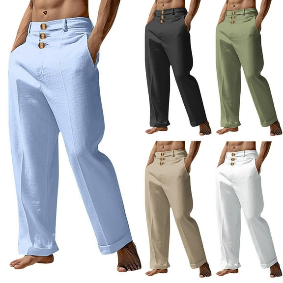 ZyeKqe Mens Pants Causal Button Outdoor Trousers Solid Color Full Length Trousers with Pockets with Pockets