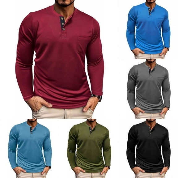 ZyeKqe Mens Shirts Long Sleeve Button Crewneck Dress Tops Casual Fall Fitted Solid Color Comfy T-Shirts
