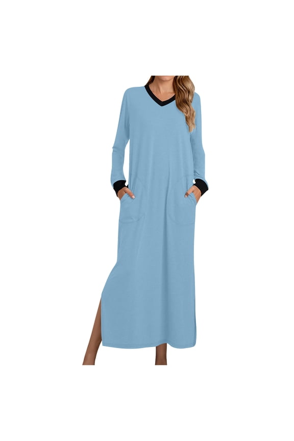 Nightgowns for Women Long Sleeve Night Gowns V Neck Sleepwear Full Length Sleepshirts Soft Pajamas Dress Comfy Loungewear