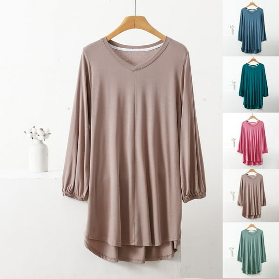 ZyeKqe Nightgowns for Women Long Sleeve V Neck Sleep Shirts Plus Size Pajamas Top Loose Comfy Pjs Top Sleepwear