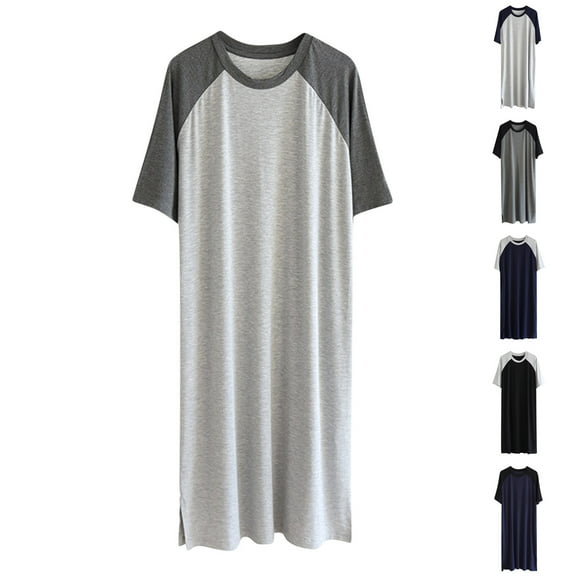 ZyeKqe Mens Nightgowns Short Sleeve Color Block Pajamas Nightshirts Loose Casual Comfy Sleepwear Creneck Basic Long Pjs Outfits