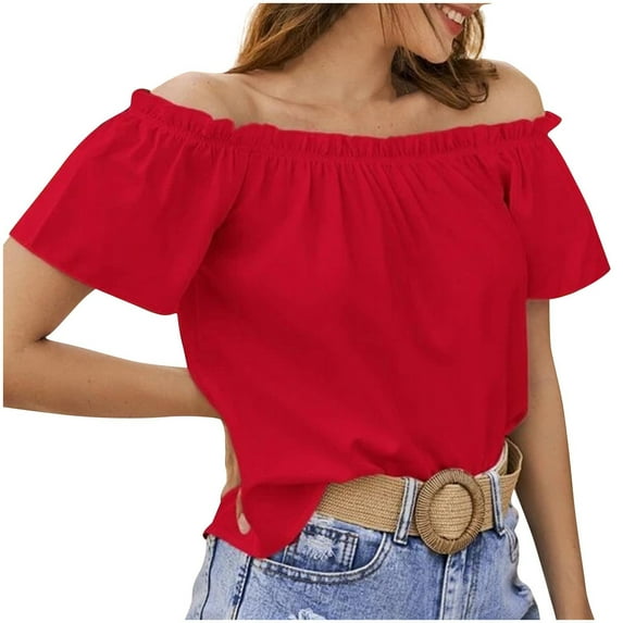 ZyeKqe Off Shoulder Tops for Women Short Sleeve Shirts Loose Fitted Going out Summer Tops