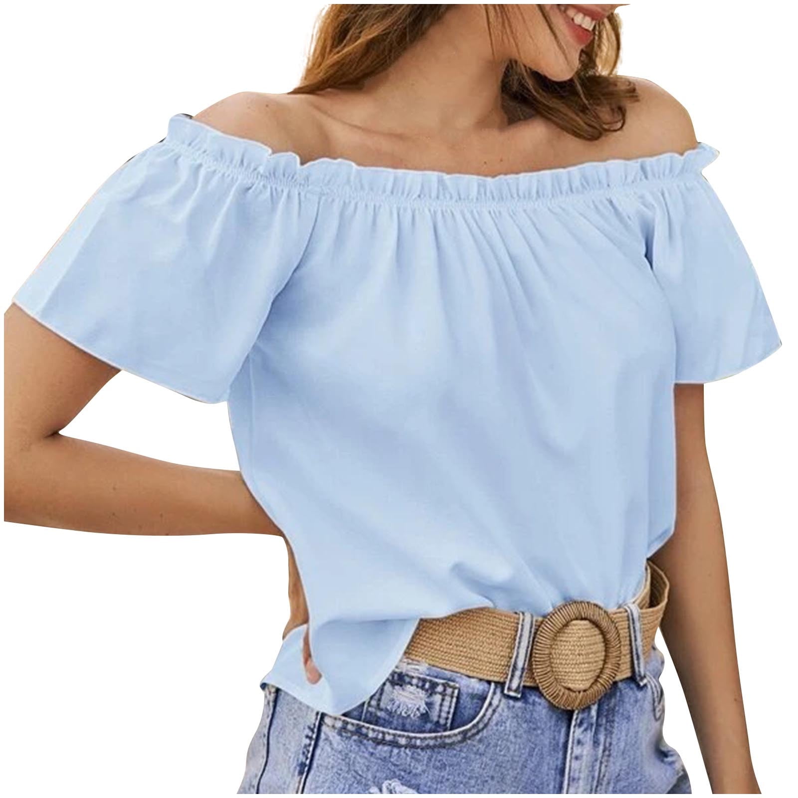トップス honkyo 26ss Off - Shoulder Loose Top ZyeKqe Off Shoulder Tops for Women Short Sleeve Shirts Loose