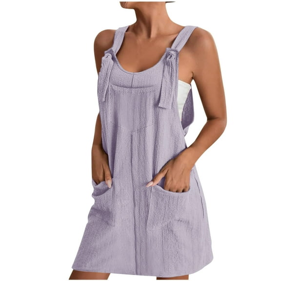 ZyeKqe Overalls for Women Summer Casual Sleeveless Suspender Short Dress Square Neck Mini Dress with Pockets