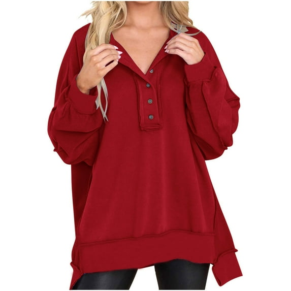 ZyeKqe Oversized Sweatshirt for Women Solid Color Button up V Neck Pullover Tops Side Slit Blouses Fall Fashion Clothes