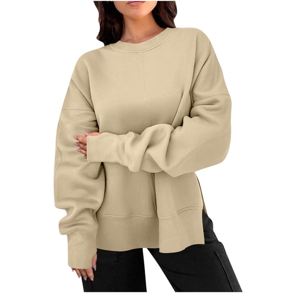 ZyeKqe Oversized Sweatshirts for Women Fleece Lined Casual Fashion Long Sleeve Shirts Side Split Loose Pullover Top
