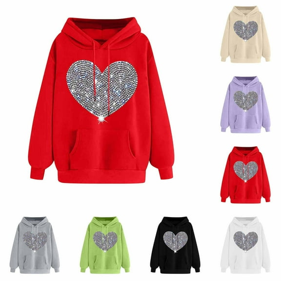 ZyeKqe Hoodies for Women Fleece Lined Heart Printed Hooded Sweatshirt Solid Color Comfy Loose Fitted Pullover Tops