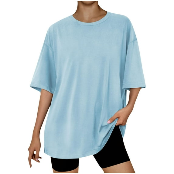 ZyeKqe Oversized T Shirts for Women Crew Neck Short Sleeve Plain Tops Summer Casual Lightweight Blouses