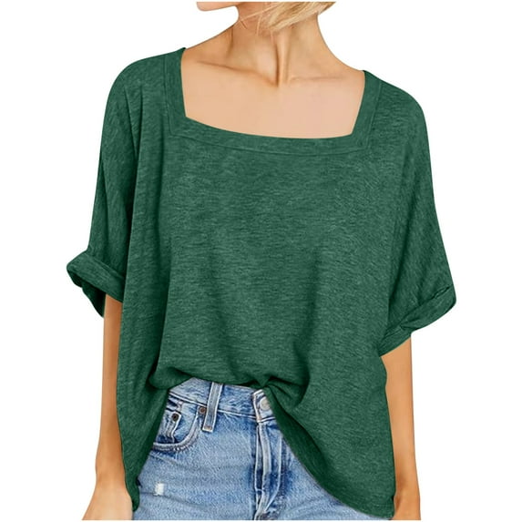 ZyeKqe Oversized Tops for Womenn Short Sleeve Shirts Square Neck T Shirts Casual Loose Tees Blouses