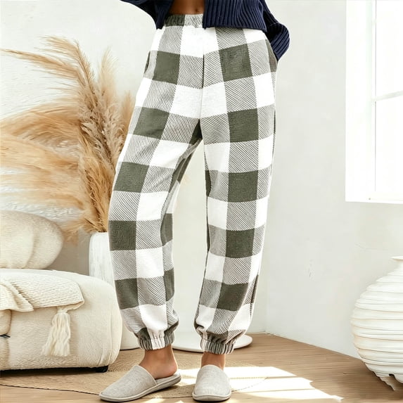 ZyeKqe Pajama Pants for Women Flannel Plaid Fuzzy Fleece Sleepwear Pants Loungewear Comfy Warm Pjs Bottoms