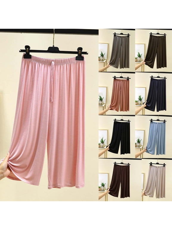 Pajamas Capris for Women Elastic Waisted Sleep Bottoms Wide Leg Soft Comfy Cropped Trousers