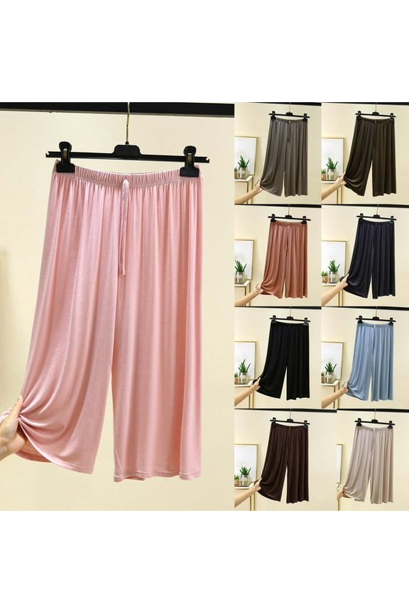Pajamas Capris for Women Elastic Waisted Sleep Bottoms Wide Leg Soft Comfy Cropped Trousers