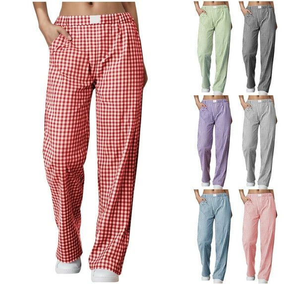ZyeKqe Pajamas Pants for Women Low Waisted Sleep Bottoms Wide Leg Plaid Loose Fitted Pants