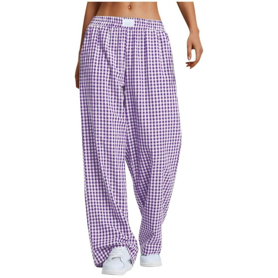 ZyeKqe Pajamas Pants for Women Low Waisted Sleep Bottoms Wide Leg Plaid Loose Fitted Lounge Pants