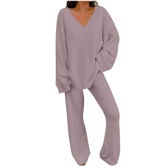 ZyeKqe Pajamas Sets for Women 2 Piece Fuzzy Fleece Long Sleeve V Neck Top and Wide Leg Pants Loungewear