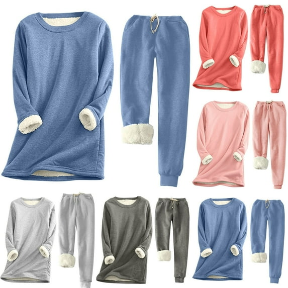 ZyeKqe Fleece Lined Pajamas Sets for Women Sherpa Lined Sweatsuits 2 Piece Outfits Crewneck Pullover Top Sweatpants Winter Warm Loungewear