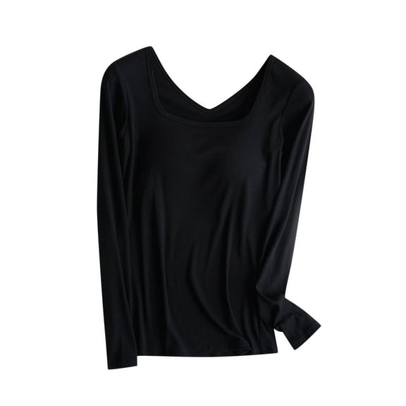 ZyeKqe Pajamas Tops for Women Built in Bras Long Sleeve Sleep Shirts Square Neck Undershirts Basic Layers Soft Loungewear