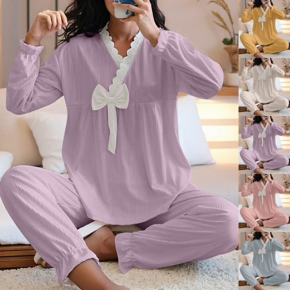 ZyeKqe Womens Pajamas Sets Long Sleeve V Neck Shirts Comfy Bow Sleepwear Nightwear 2 Piece Pjs Soft Homewear Outfits