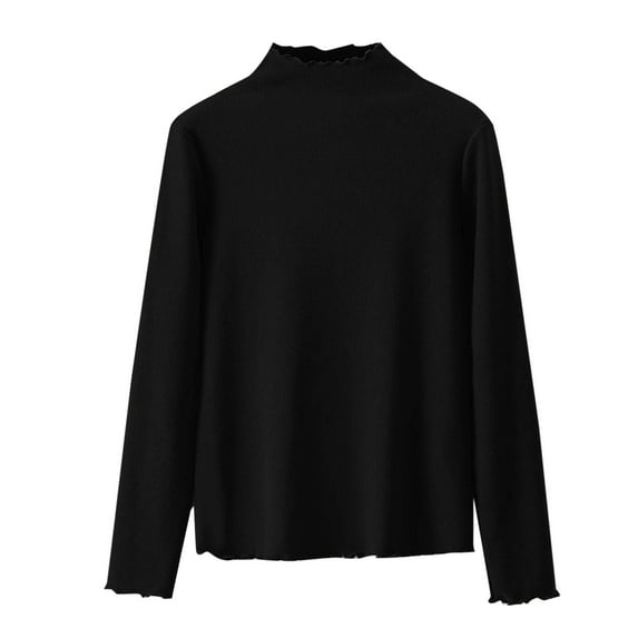 ZyeKqe Pajamas Tops for Women Ruffle Trim High Neck Long Sleeve Shirts Slim Fitted Ribbed Knit Tee Shirt Tops