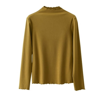 ZyeKqe Pajamas Tops for Women Ruffle Trim High Neck Long Sleeve Shirts Slim Fitted Ribbed Knit Tee Shirt Tops