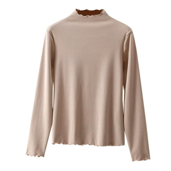 ZyeKqe Pajamas Tops for Women Ruffle Trim High Neck Long Sleeve Shirts Slim Fitted Ribbed Knit Tee Shirt Tops
