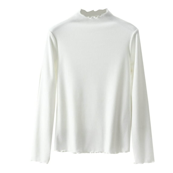 ZyeKqe Pajamas Tops for Women Ruffle Trim High Neck Long Sleeve Shirts Slim Fitted Ribbed Knit Tee Shirt Tops