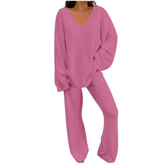 ZyeKqe Pajamas for Women 2 Piece Lounge Set Fuzzy Fleece Long Sleeve Pullover Top Wide Leg Pants Set Outfits