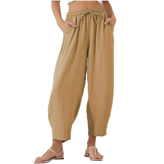 ZyeKqe Pants for Womens High Waisted Palazzo Pants Ankle Length Drawstring Casual Beach Pant with Pocket