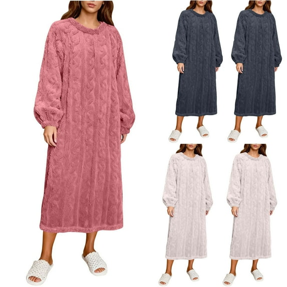 ZyeKqe Womens Flannel Nightgowns Fuzzy Fleece Long Sleeve Cozy Pajamas Dresses Winter Pullover Loungewear Sleepdress