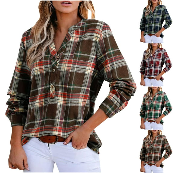 ZyeKqe Plaid Tops for Women Long Sleeve Half Buttons V Neck Shirts Loose Fitted Casual Dressy Blouses