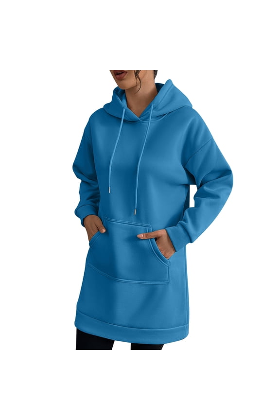 Women Hoodies Dress Casual Long Sleeve Fleece Lined Drawstring Loose Fitted Hooded Sweatshirts with Pocket