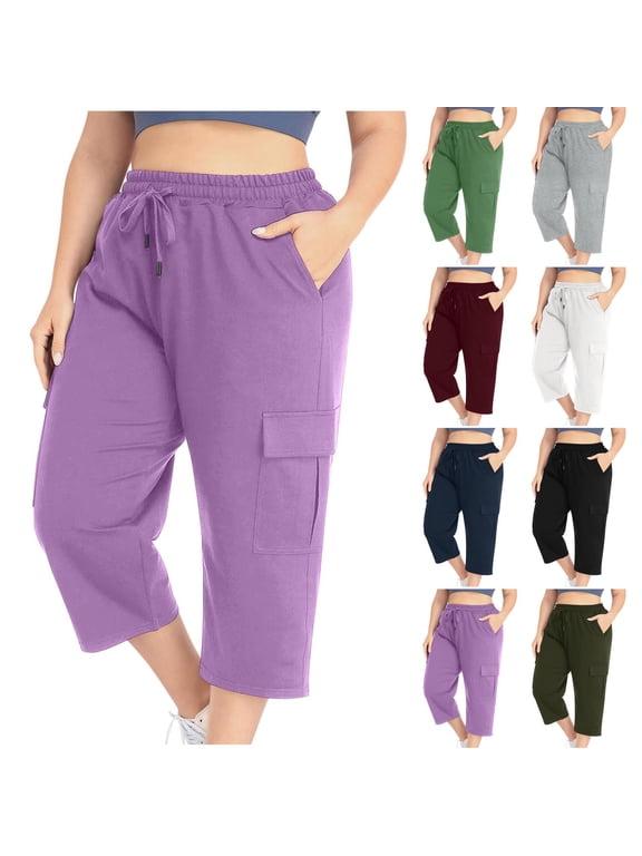 Plus Size Capri Pants for Women Drawstring High Waisted Sweatpants Straight Leg Summer Cropped Trousers