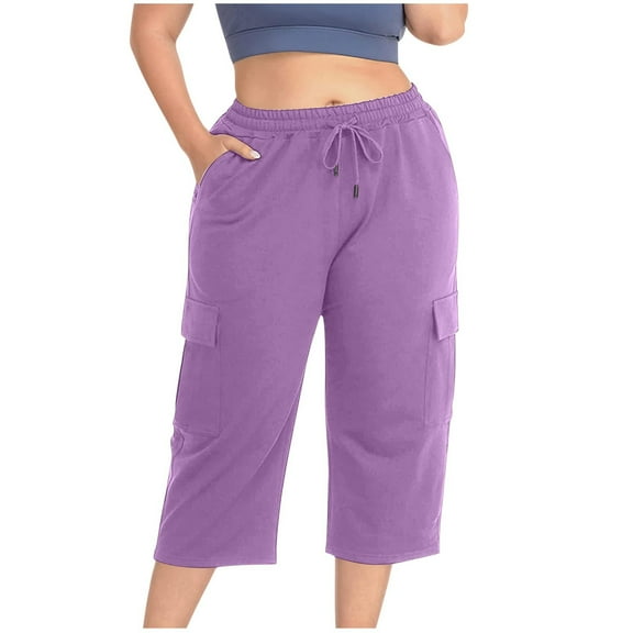 ZyeKqe Plus Size Capri Pants for Women Drawstring High Waisted Sweatpants Straight Leg Summer Cropped Trousers